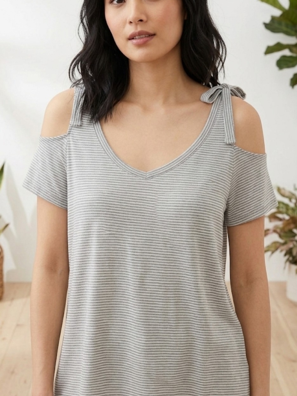 Gray Striped Cold-Shoulder Tie-Shoulder Tank Top Large